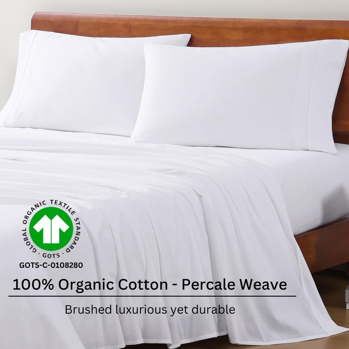 LANE LINEN - Juego de sábanas de 4 piezas 100 % algodón orgánico de percal ultrasuave, refrescante y natural, transpirable, se adapta a colchones de hasta 15 pies de profundidad, color blanco