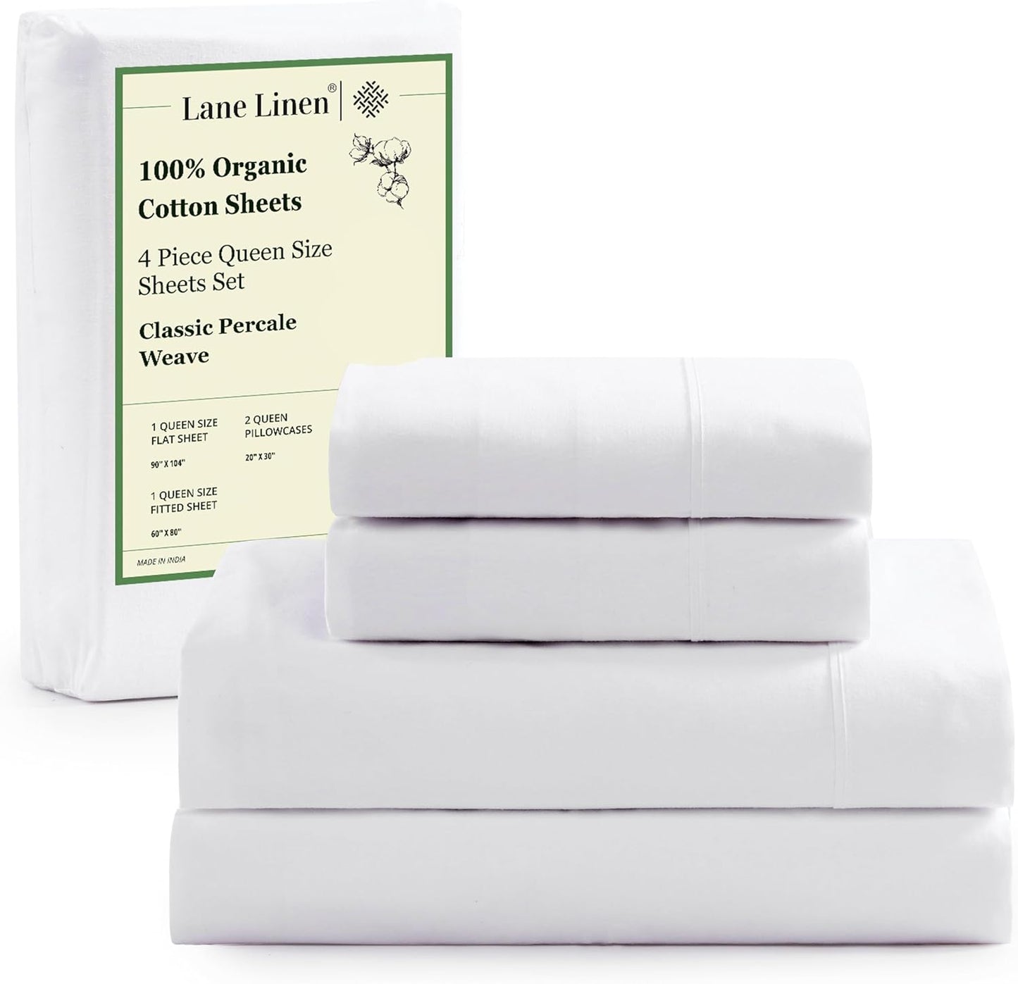 LANE LINEN - Juego de sábanas de 4 piezas 100 % algodón orgánico de percal ultrasuave, refrescante y natural, transpirable, se adapta a colchones de hasta 15 pies de profundidad, color blanco