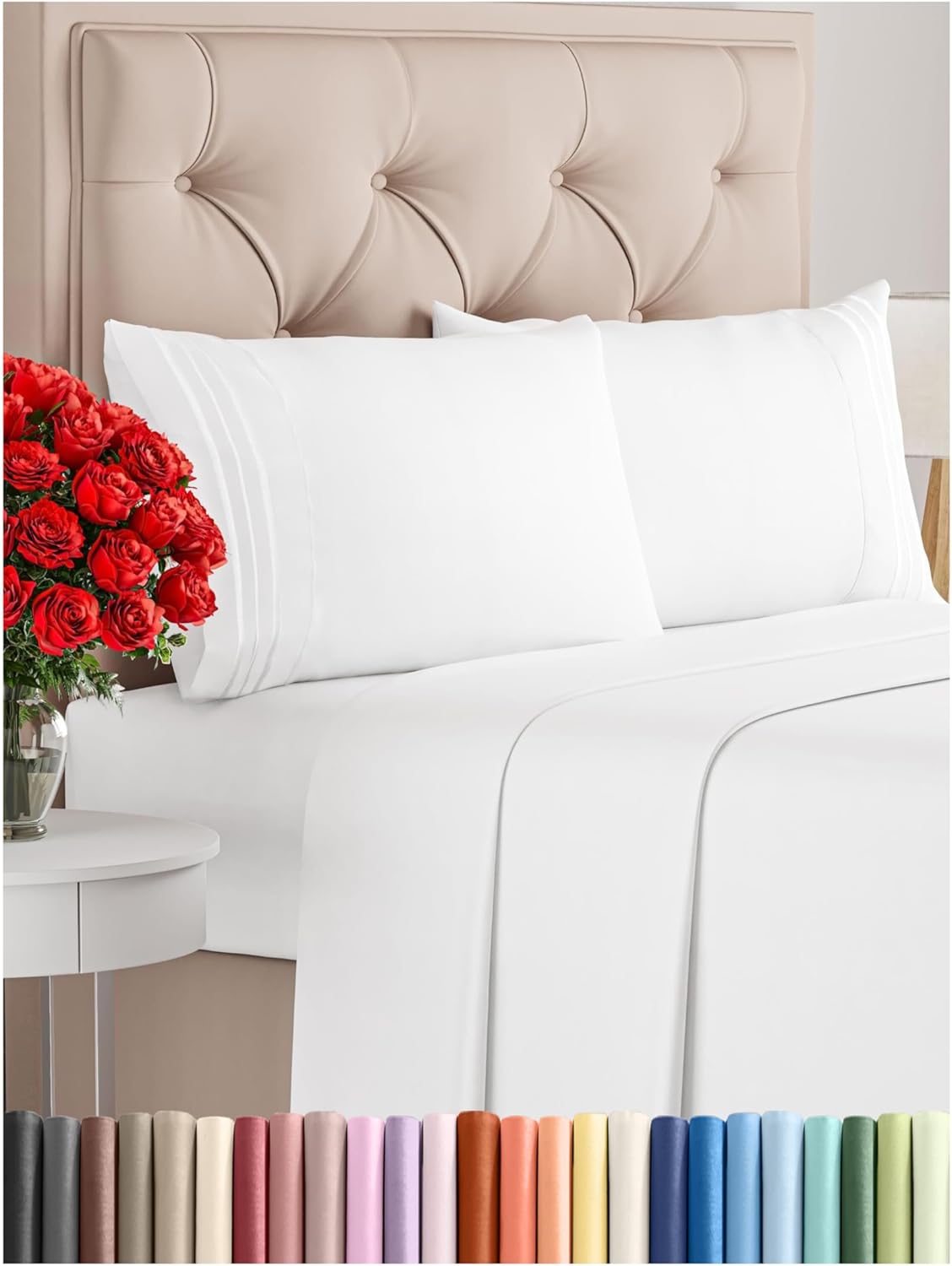 Juego de sábanas de 4 piezas talla Queen, cómodas, transpirables, refrescantes, de hotel, unisex, esquinas tipo bolsillos profundos, de microfibra, extrasuaves, sin arrugas, Oeko-Tex, blanco