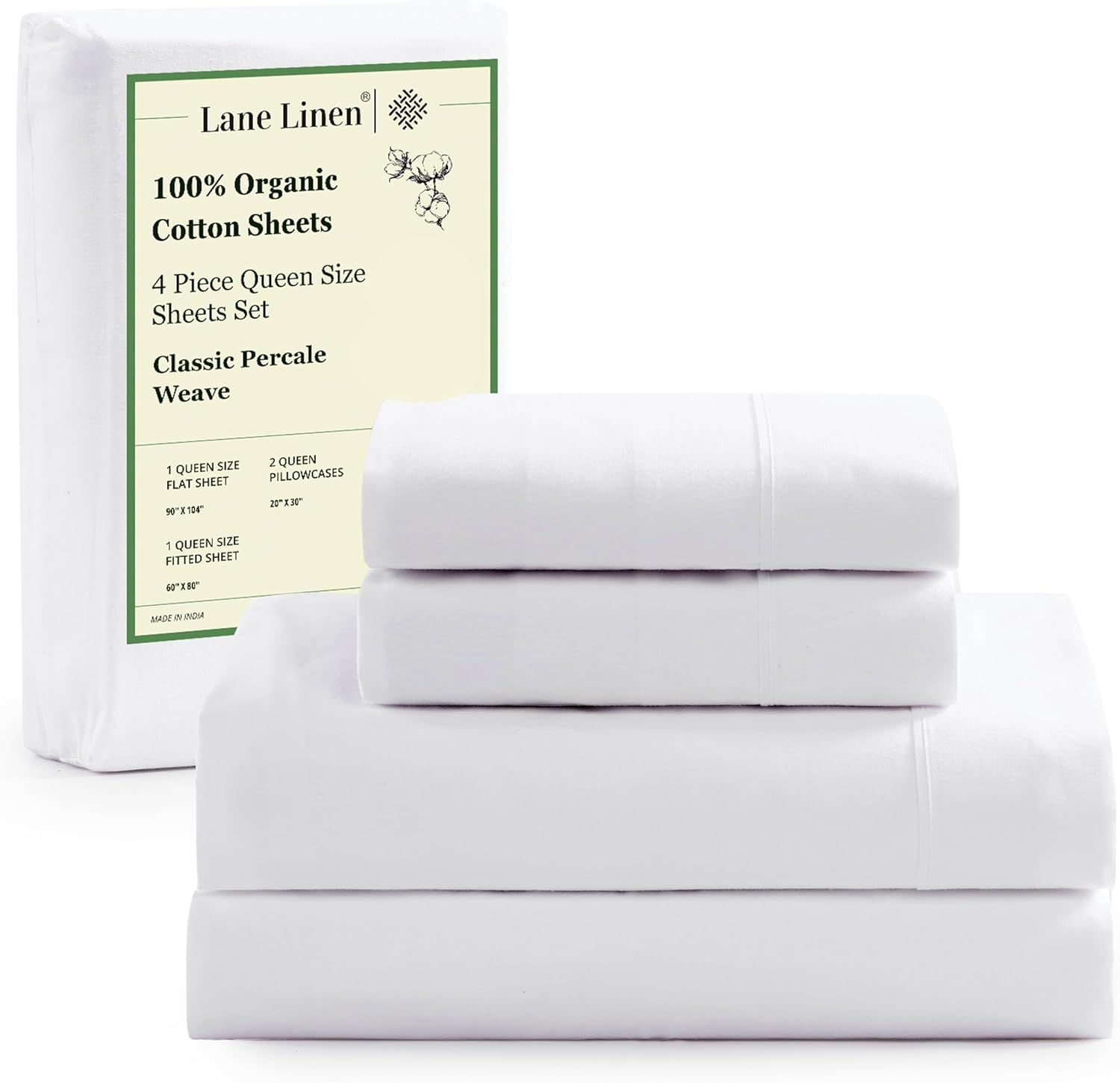 LANE LINEN - Juego de sábanas de 4 piezas 100 % algodón orgánico de percal ultrasuave, refrescante y natural, transpirable, se adapta a colchones de hasta 15 pies de profundidad, color blanco