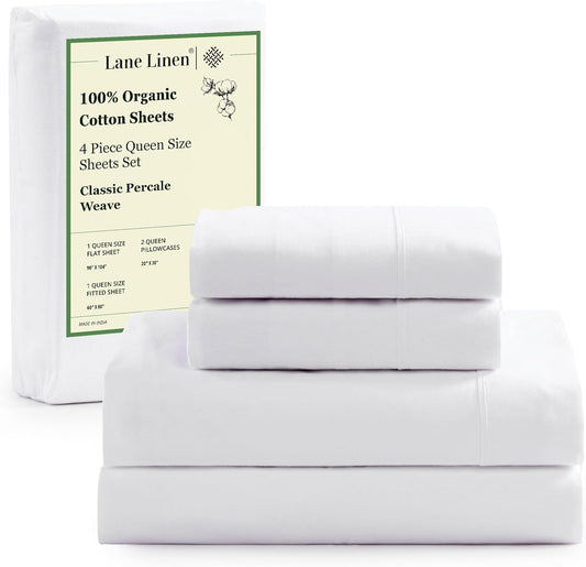 LANE LINEN - Juego de sábanas de 4 piezas 100 % algodón orgánico de percal ultrasuave, refrescante y natural, transpirable, se adapta a colchones de hasta 15 pies de profundidad, color blanco